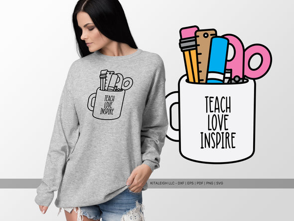 Teacher Mug with School Supplies SVG | Monoline & Color Design
