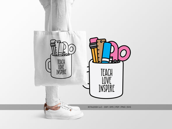 Teacher Mug with School Supplies SVG | Monoline & Color Design