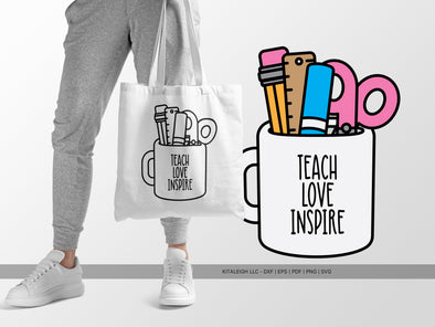Teacher Mug with School Supplies SVG | Monoline & Color Design