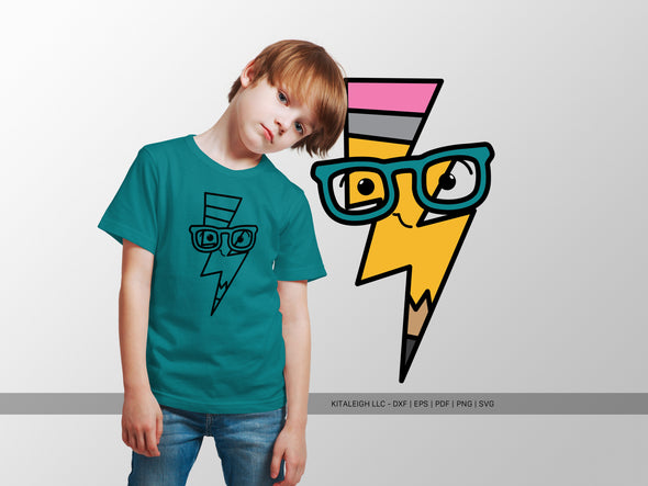 Pencil Lightning Bolt Wearing Glasses SVG | Cute Teacher & School Design