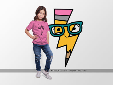 Pencil Lightning Bolt Wearing Glasses SVG | Cute Teacher & School Design