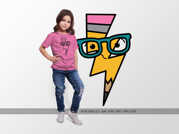 Pencil Lightning Bolt Wearing Glasses SVG | Cute Teacher & School Design