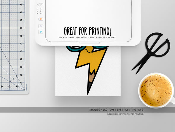 Pencil Lightning Bolt Wearing Glasses SVG | Cute Teacher & School Design
