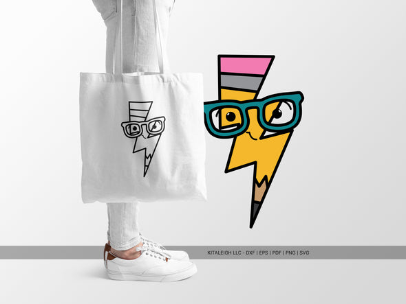 Pencil Lightning Bolt Wearing Glasses SVG | Cute Teacher & School Design