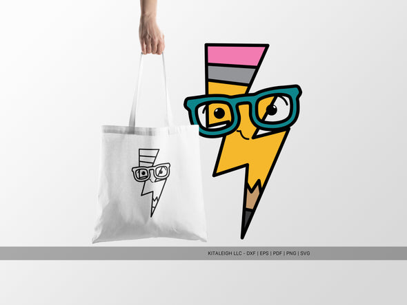 Pencil Lightning Bolt Wearing Glasses SVG | Cute Teacher & School Design