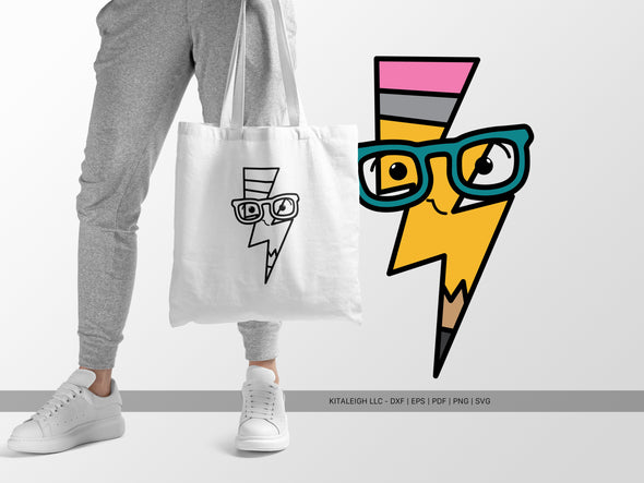 Pencil Lightning Bolt Wearing Glasses SVG | Cute Teacher & School Design