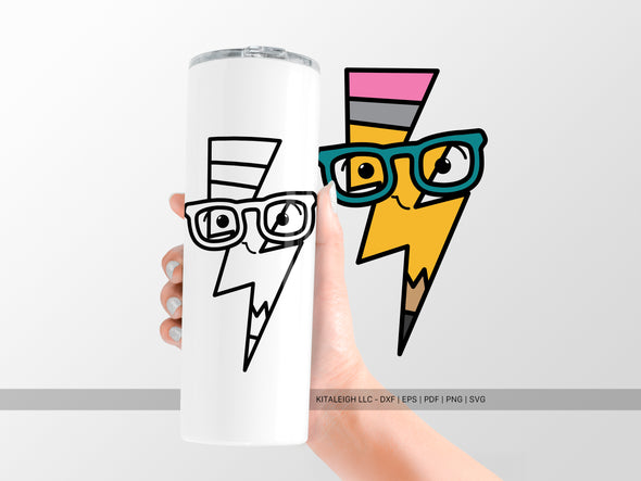 Pencil Lightning Bolt Wearing Glasses SVG | Cute Teacher & School Design