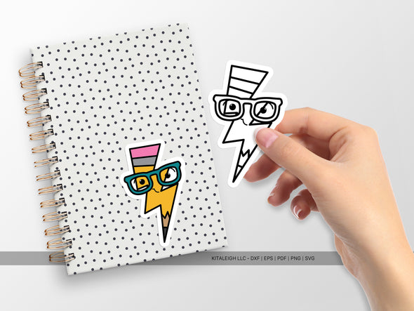 Pencil Lightning Bolt Wearing Glasses SVG | Cute Teacher & School Design