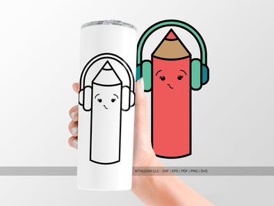 Color Pencil Wearing Headphones SVG | Cute Teacher & School Craft Design