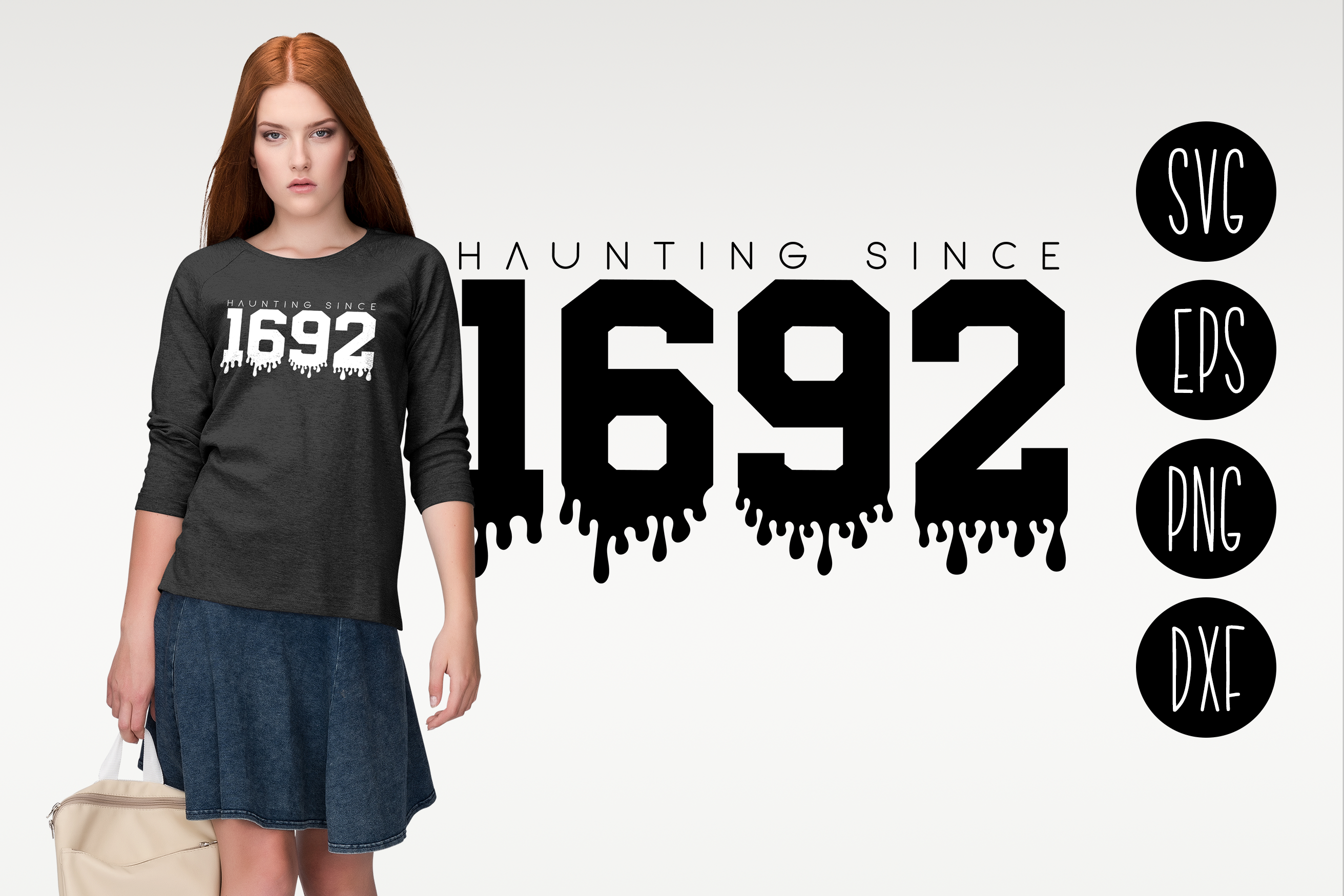 Woman wearing a black shirt with '1692' design, standing against a white background with text and graphics.