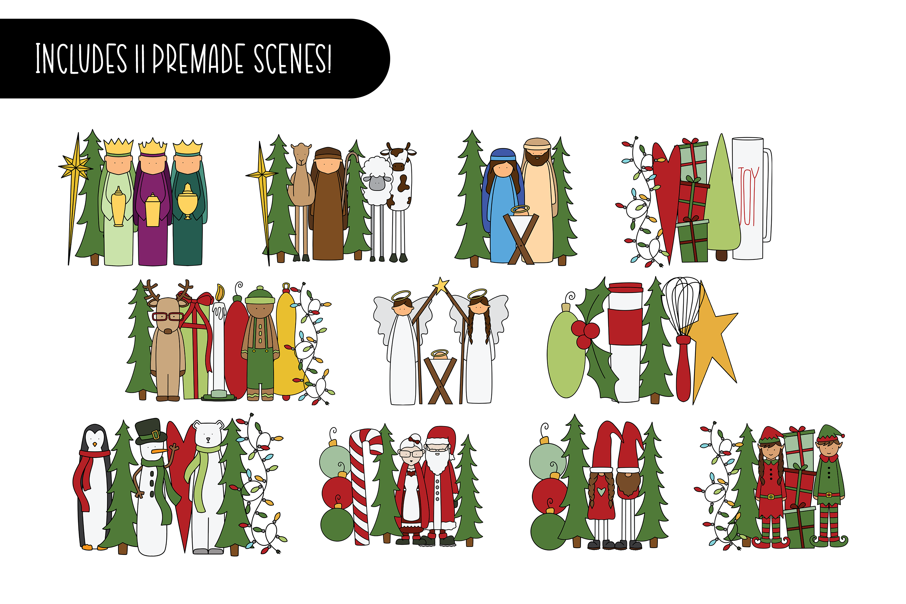 55 Christmas Tall Elements Bundle with 11 Premade Scenes