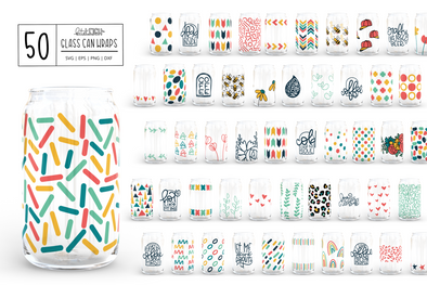 50 Glass Can Wrap SVGs | Printable 16 oz Cup Design Bundle