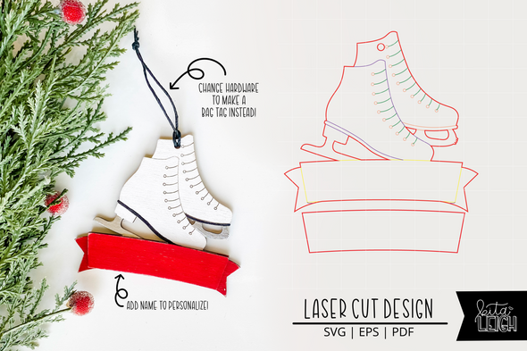 Ice Skating Laser Bag Tag Cut File | Christmas Ornament SVG