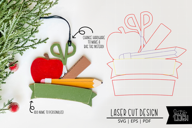 School Supplies Laser Bag Tag Cut File | Christmas Ornament SVG