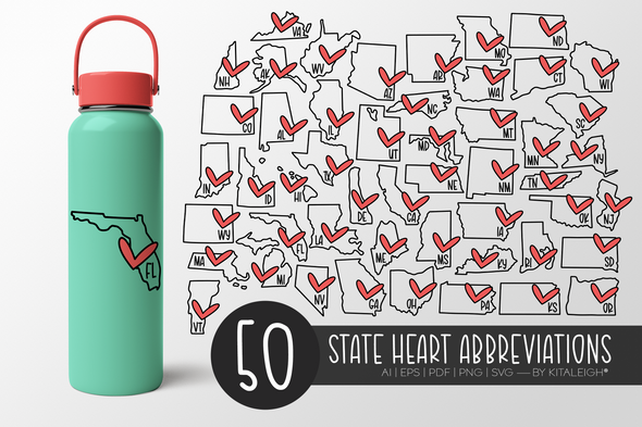 50 Heart States Abbreviations| State Decal SVG Bundle